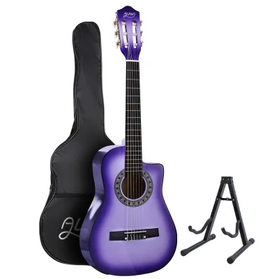 Alpha 34 Inch Classical Guitar, Laminated Linden, Purple, Nylon String, Beginner Set with Stand & Accessories