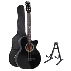Alpha Acoustic Guitar, Laminated Linden, 38 Inch, Black, Steel Strings, Cutaway Design, Stand & Accessories Included