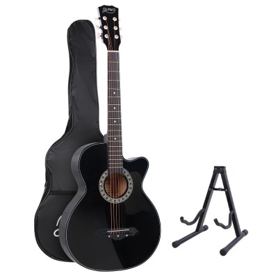 Alpha Acoustic Guitar, Laminated Linden, 38 Inch, Black, Steel Strings, Cutaway Design, Stand & Accessories Included Alpha Acoustic Guitar, Laminated Linden, 38 Inch, Black, Steel Strings, Cutaway Design, Stand & Accessories Included