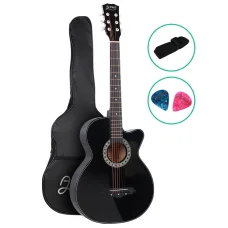 Alpha 38 Inch Acoustic Guitar, Laminated Linden, Black, Full Size Cutaway, Steel Strings, Includes Strap & Bag
