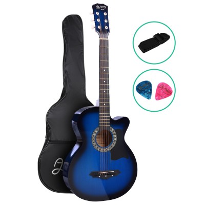 Alpha 38 Inch Acoustic Guitar, Laminated Linden, Full Size Cutaway, Blue, Steel Strings, with Bag and Accessories