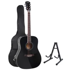 Alpha 41 Inch Acoustic Guitar, Laminated Linden Body, Black, Steel Strings, Dreadnought, with Stand & Accessories
