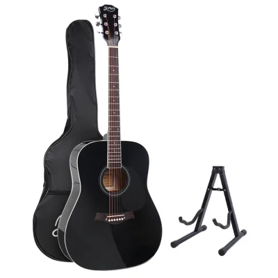 Alpha 41 Inch Acoustic Guitar, Laminated Linden Body, Black, Steel Strings, Dreadnought, with Stand & Accessories