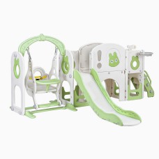 Keezi 4-in-1 Kids Slide Swing Set with Basketball Hoop, Football, Telescope, and Storage, HDPE Green/White, 140cm Keezi 4-in-1 Kids Slide Swing Set with Basketball Hoop, Football, Telescope, and Storage, HDPE Green/White, 140cm