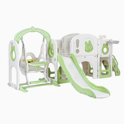 Keezi 4-in-1 Kids Slide Swing Set with Basketball Hoop, Football, Telescope, and Storage, HDPE Green/White, 140cm Keezi 4-in-1 Kids Slide Swing Set with Basketball Hoop, Football, Telescope, and Storage, HDPE Green/White, 140cm