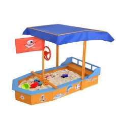 Keezi Kids Wooden Boat Sandpit with Canopy & Bench Seat, Firwood Construction, 150cm, Includes Steering Wheel & Stickers