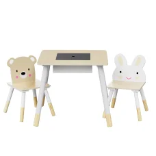Keezi 3PCS Kids Table & Chairs Set - MDF & Pinewood, Chalkboard Desk, Hidden Storage, Cute Animal Design, Ages 3+