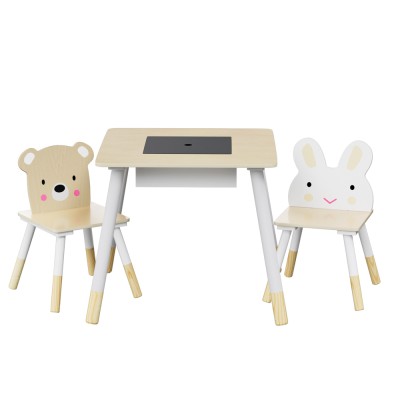 Keezi 3PCS Kids Table & Chairs Set - MDF & Pinewood, Chalkboard Desk, Hidden Storage, Cute Animal Design, Ages 3+