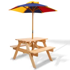 Keezi Kids Wooden Picnic Table Set with Umbrella - Fir Wood, Seats 4, Indoor/Outdoor, Non-Toxic Finish, Ages 3-8