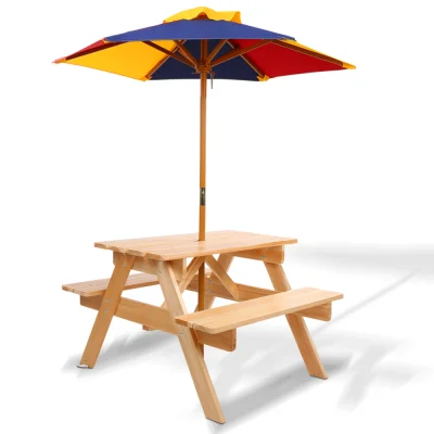 Keezi Kids Wooden Picnic Table Set with Umbrella - Fir Wood, Seats 4, Indoor/Outdoor, Non-Toxic Finish, Ages 3-8