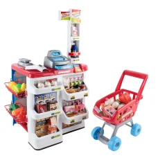 Keezi Kids Pretend Role Play Supermarket Set - 24 Piece Playset with Cash Register, Trolley, Sound & Light Features