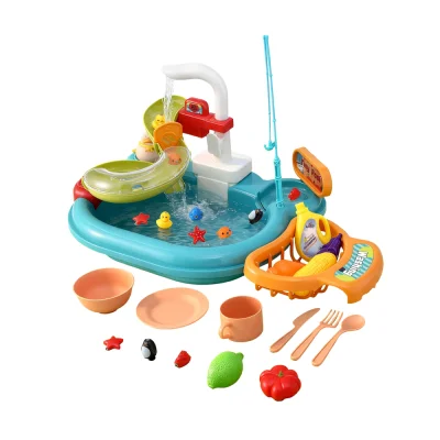 Keezi Kids Pretend Play Kitchen Sink with Faucet & Fishing Toys, Multicolour, 46x28x23cm, Educational Fun for Ages 3+