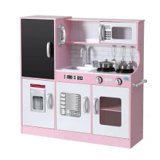 Keezi 80CM Pink Wooden Kids Kitchen Play Set with Oven, Accessories & Blackboard - Imaginative Play for Ages 3+