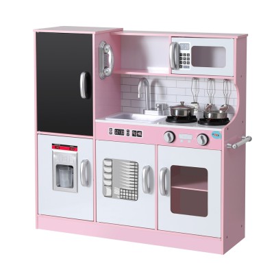 Keezi 80CM Pink Wooden Kids Kitchen Play Set with Oven, Accessories & Blackboard - Imaginative Play for Ages 3+