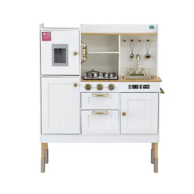 Keezi Kids Kitchen Play Set: Wooden Pretend Cooking Toys with Storage, Detachable Sink & Golden Accents, 81x29x101cm