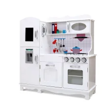 Keezi Kids Wooden Kitchen Play Set – Pretend Cooking Toys with Realistic Features, Ample Storage, 85x29x90cm, White