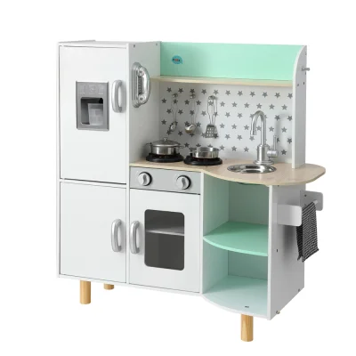 Keezi Kids Wooden Pretend Kitchen Play Set - 85CM Green, Solid Wood & MDF, Safe Non-Toxic Finish, Includes Accessories