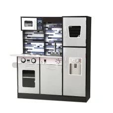 Keezi Kids Wooden Kitchen Play Set - Realistic Modern Design, Sturdy, Safe, 93.5x30x93cm, Black & White, Ages 3+