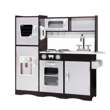 Keezi Kids Wooden Kitchen Play Set - Pretend Cooking Toys with Stove, Fridge & Storage, Dark Brown, 86x30x80cm