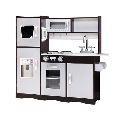 Keezi Kids Wooden Kitchen Play Set - Pretend Cooking Toys with Stove, Fridge & Storage, Dark Brown, 86x30x80cm
