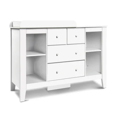 Keezi Baby Changing Table & Storage Chest, White MDF, 142x45x81cm, Non-Toxic Finish, 4 Drawers & Shelves, Removable Top