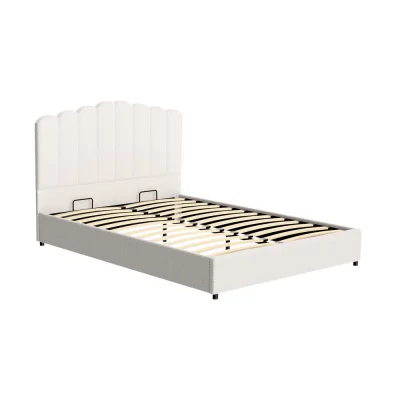Artiss Queen Bed Frame, Boucle Upholstered, Beige, 215x159x120cm, Gas Lift Storage, Stylish Pine Wood Design