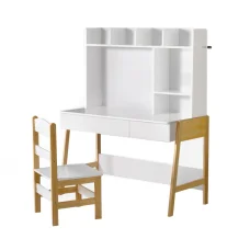 Keezi 2PCS Kids Table and Chairs Set - MDF & Pine, White, 101x45.5x123cm, Storage Drawer, Easy-Clean, Ages 3