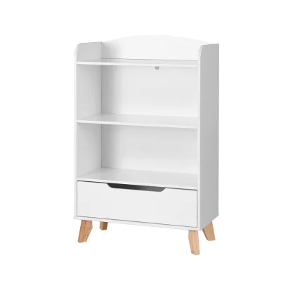 Keezi Kids 3-Tier Bookshelf with Drawer, 95cm White Storage Organiser, Smooth Finish, Easy Assembly, Non-Toxic Materials