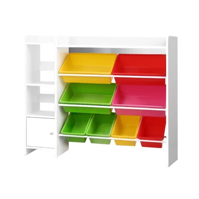 Keezi Kids Toy Box & Bookshelf Organiser - 8 Removable Bins, 4 Tiers, 15mm Particle Board, 112x28.5x100cm