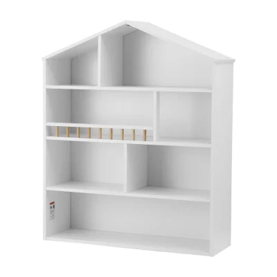 Keezi 4-Tier Kids Bookshelf - White Wooden Bookcase with House Design, Easy-Clean Melamine, 91x74x24cm, Anti-Tip Safe