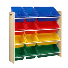 Keezi Kids Toy Box Organiser: 4-Tier Bookshelf with 12 Colourful Bins, Particle Board, 86x27x88cm - Safe Durable Storage