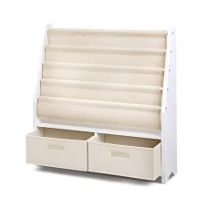 Keezi 4-Tier Kids Bookshelf & Magazine Rack with Storage Bins, Eco-Friendly MDF, 71x23x74cm, White - Child-Safe Design