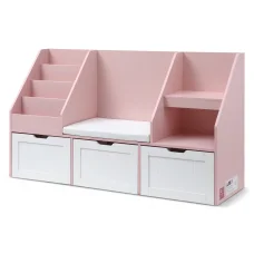 Keezi Kids Pink Bookshelf & Storage Unit with Bench - 140cm Wide, Movable Drawers, Safe Rounded Corners, Anti-Tip Design