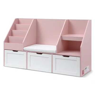 Keezi Kids Pink Bookshelf & Storage Unit with Bench - 140cm Wide, Movable Drawers, Safe Rounded Corners, Anti-Tip Design