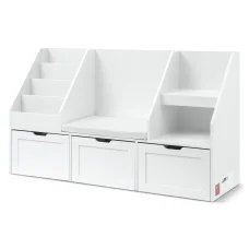 Keezi Kids Bookshelf & Storage Unit: 140cm White Organiser with Reading Bench, 3 Movable Drawers, and Safety Features