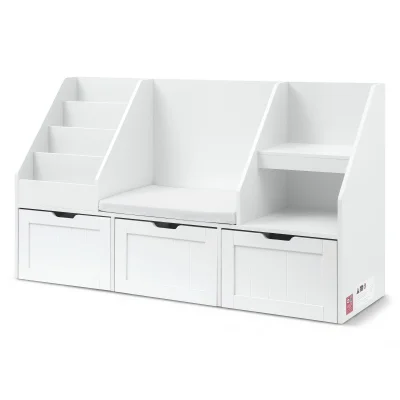 Keezi Kids Bookshelf & Storage Unit: 140cm White Organiser with Reading Bench, 3 Movable Drawers, and Safety Features