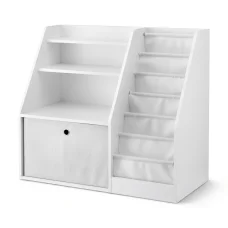 Keezi Kids Bookshelf & Storage Organiser, White – 3-in-1 Design with Sling Pouches, Shelves & Drawer, 91x39.5x80cm