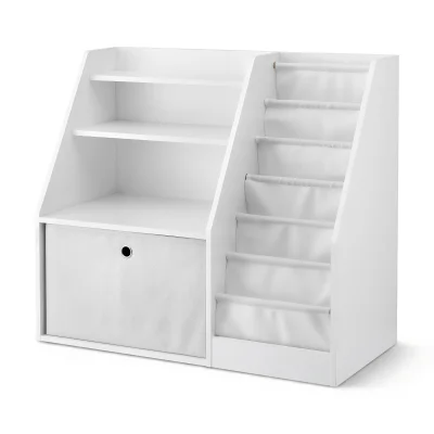 Keezi Kids Bookshelf & Storage Organiser, White – 3-in-1 Design with Sling Pouches, Shelves & Drawer, 91x39.5x80cm Keezi Kids Bookshelf & Storage Organiser, White – 3-in-1 Design with Sling Pouches, Shelves & Drawer, 91x39.5x80cm