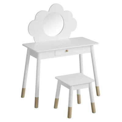 Keezi Kids Dressing Table & Chair Set - White Vanity with Mirror, Drawer, MDF & Rubberwood, Safe Rounded Corners