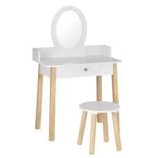 Keezi Kids Vanity Set: White MDF & Rubberwood Dressing Table with Mirror, Drawer, and Chair - Safe, Durable Design