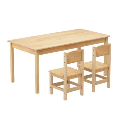 Keezi Kids Table and 2 Chairs Set, 100% Pinewood, Natural Finish, 120x60x53cm, Durable, Non-Toxic, Ages 3+