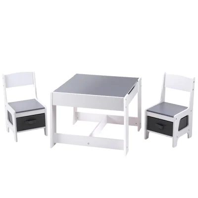 Keezi Kids Table & Chairs Set - Grey, MDF & Non-Toxic Material, Chalkboard Desk, Hidden Storage, Ages 3+, Easy Assembly