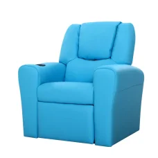 Keezi Kids Recliner Chair - Blue PU Leather Sofa Lounge with Cup Holder, Plush Cushioning, 65x42x61cm, Child-Safe Design