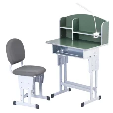 Keezi Kids Adjustable Ergonomic Study Desk & Chair Set with LED Lamp, Metal Drawer, Green - Height Adjustable 64-76cm