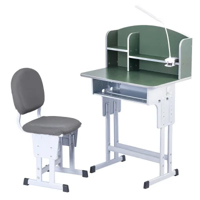 Keezi Kids Adjustable Ergonomic Study Desk & Chair Set with LED Lamp, Metal Drawer, Green - Height Adjustable 64-76cm