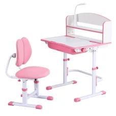 Keezi Kids Ergonomic Pink Study Desk & Chair Set with Adjustable Height, LED Lamp, Tiltable Table, Storage Drawer