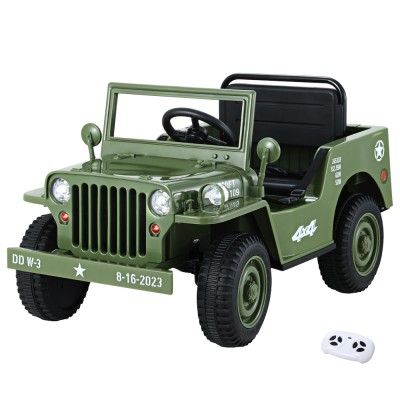 Rigo Kids 12V Electric Jeep: Military-Inspired Olive Ride-On with Remote, Music, Lights & Safety Features for Ages 3+