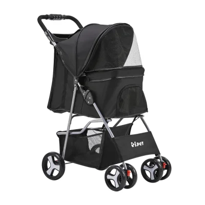 i.Pet 4 Wheel Pet Stroller, Black - Sturdy, Breathable with Mesh Screens, EVA Wheels, 600D Oxford, Easy One-Step Fold