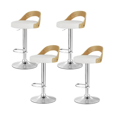 Artiss Bar Stools, PU Leather, Adjustable, White, 42.5x46x75.5-95.5cm, Elegant Wood Grain, Contemporary Design