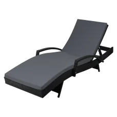 Gardeon Sun Lounge Wicker Patio Chair - Adjustable Aluminium Frame, 4 Positions, Black with Grey Cushion, 190cm